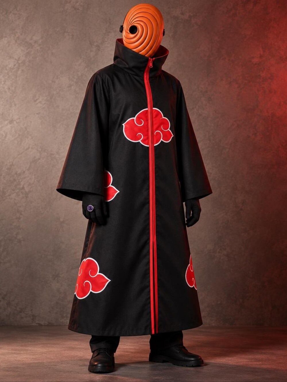 Black & Red Long Hooded Coat with Red Cloud Motif